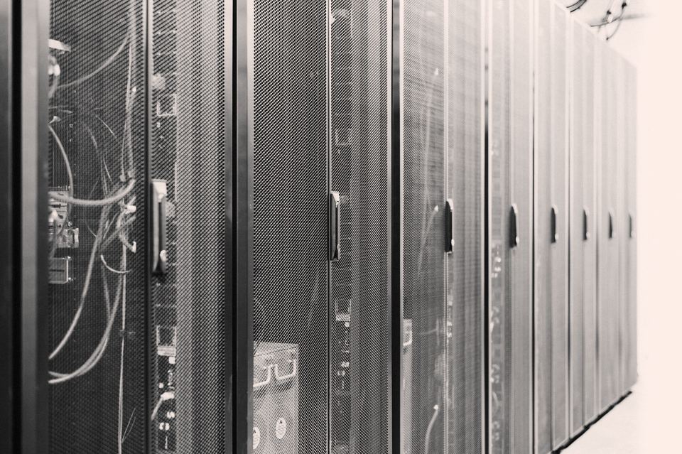 Data centre server aisle, in black and white
